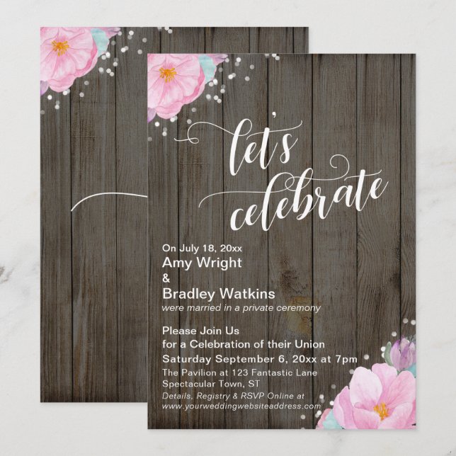 Pink Flowers Rustic Let's Celebrate Reception Invitation (Front/Back)
