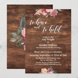 Pink Flowers Rustic To Have and To Hold Reception Invitation