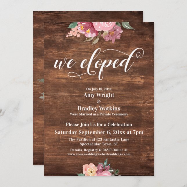 Pink Flowers Rustic We Eloped Reception-Only Invitation (Front/Back)