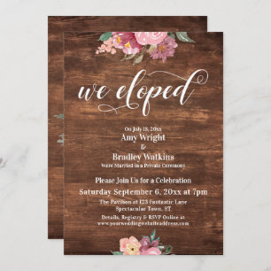 Pink Flowers Rustic We Eloped Reception-Only Invitation