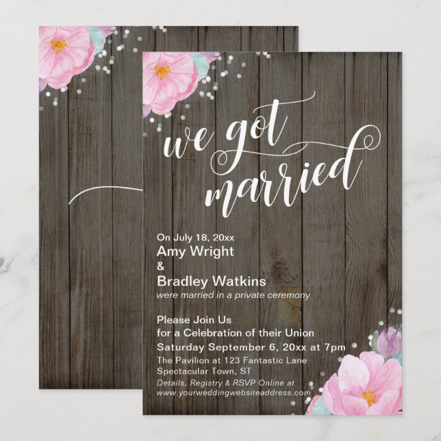 Pink Flowers Rustic We Got Married Reception-Only Invitation (Front/Back)