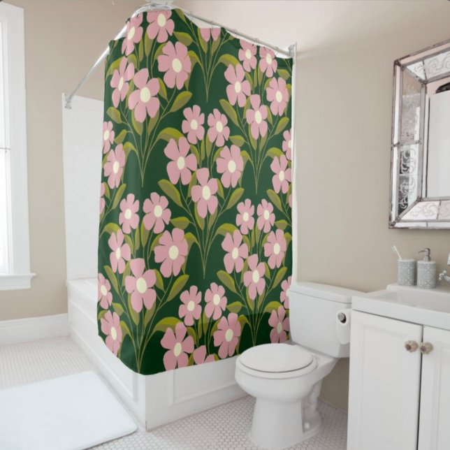 Pink Flowers Sage Green Leaves pattern  Shower Curtain (Creator Uploaded)