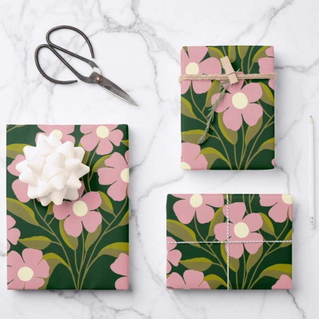 Pink Flowers Sage Green Leaves pattern  Wrapping Paper Sheet (Creator Uploaded)