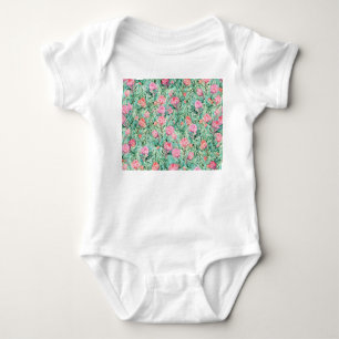Pink flowers, sage green, seamless. baby bodysuit