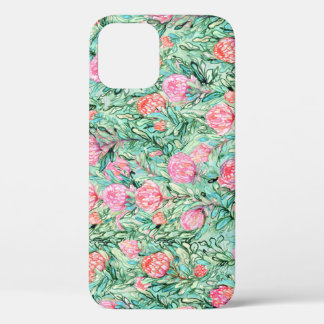 Pink flowers, sage green, seamless. iPhone 12 case