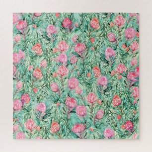 Pink flowers, sage green, seamless. jigsaw puzzle