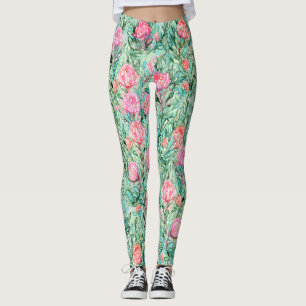 Pink flowers, sage green, seamless. leggings