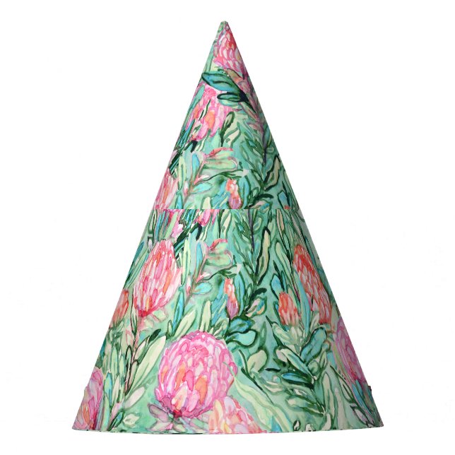 Pink flowers, sage green, seamless. party hat (Front)