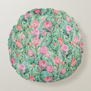 Pink flowers, sage green, seamless. round cushion