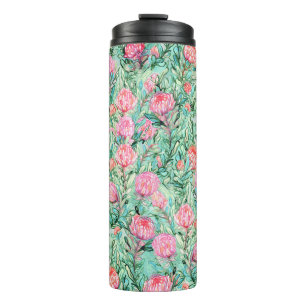 Pink flowers, sage green, seamless. thermal tumbler