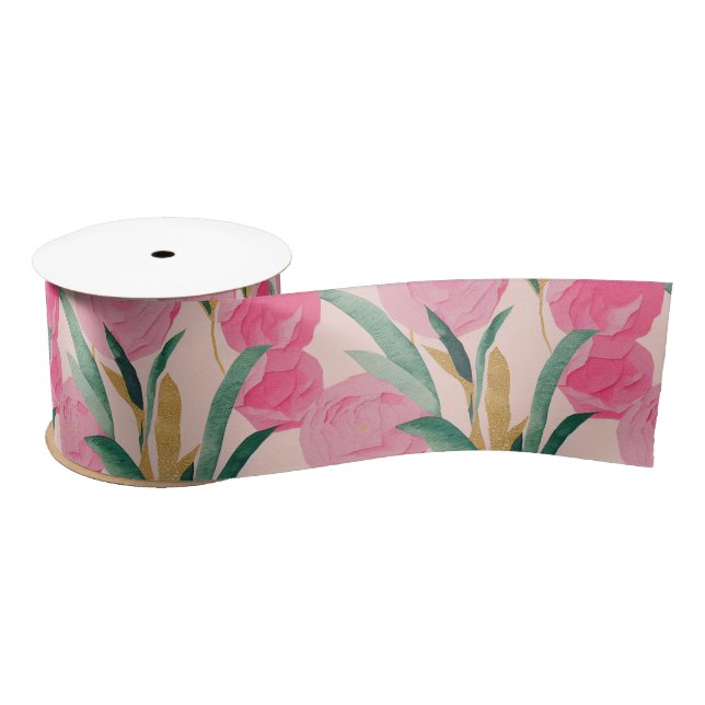 Pink Flowers Satin Ribbon (Spool)