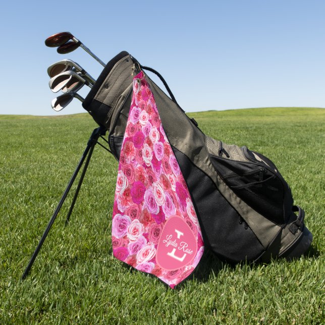 Pink Flowers Shades of Pink Floral Personalised  Golf Towel (Green)