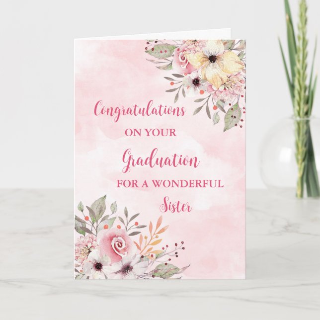 Pink Flowers Sister Congratulations Graduation Card (Front)