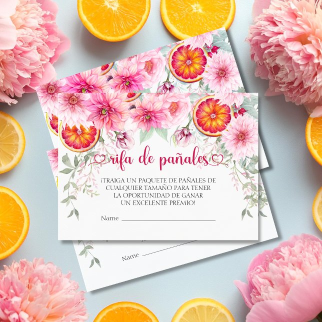 Pink Flowers Spanish Diaper Raffle Baby Shower Enclosure Card (Citrus & Pink Watercolor Flowers baby shower Spanish diaper raffle enclosure cards)