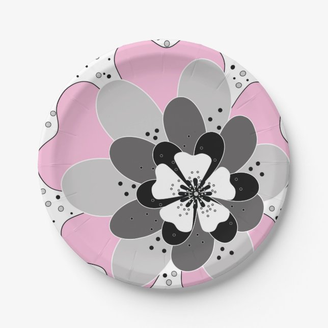 Pink flowers spring summer paper plate (Front)