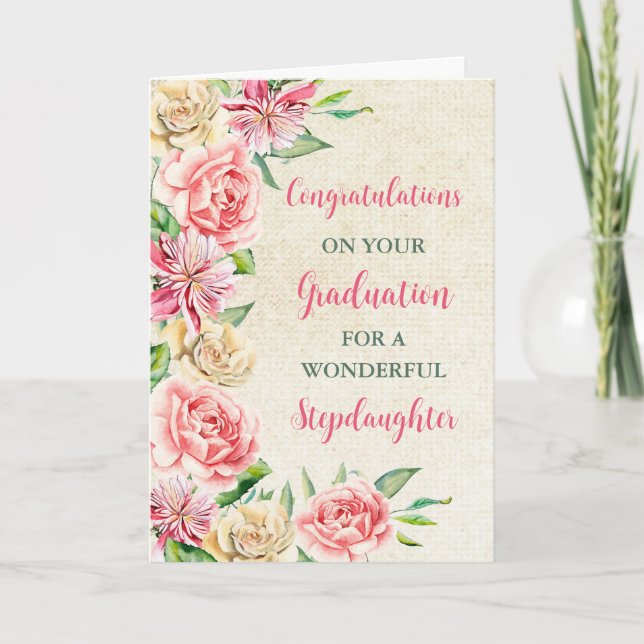 Pink Flowers Stepdaughter Graduation Card (Front)