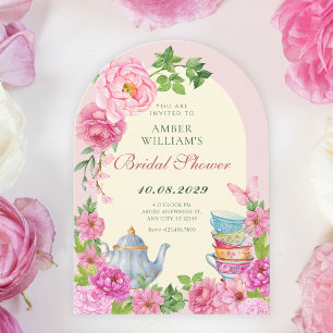 Pink Flowers tea cup garden bridal shower Invitation