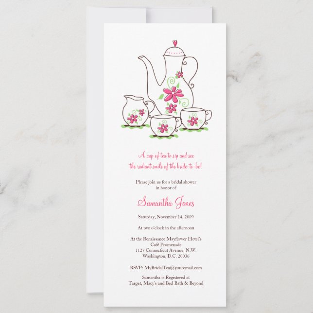 Pink Flowers Tea Set Bridal Shower Invitations (Front)