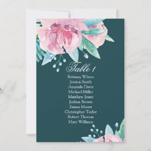 Pink flowers. Teal floral wedding seating chart Invitation