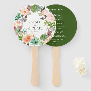 Pink Flowers Teal Green Succulent Cactus Wedding Hand Fan