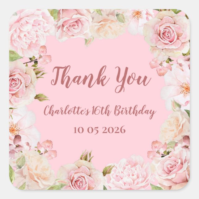 Pink Flowers Thank You Birthday Favour Tag (Front)