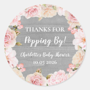 Pink Flowers Thanks for Popping By Baby Shower Tag
