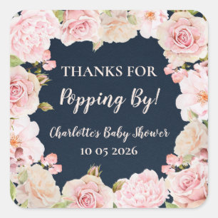 Pink Flowers Thanks for Popping By Baby Shower Tag