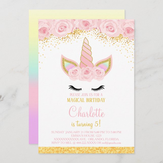 Pink Flowers Unicorn Birthday Invite (Front/Back)