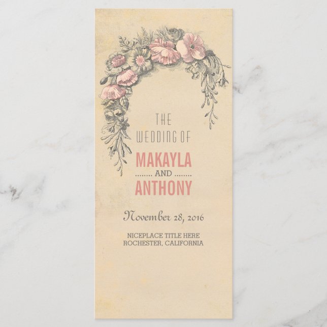 Pink Flowers Vintage Wedding Programs Programme (Front)