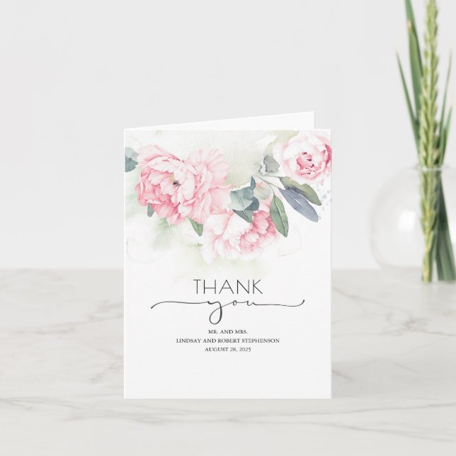 Pink Flowers Vintage Wedding Thank You Card (Front)