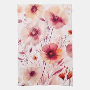 Pink Flowers Watercolor Blooms Elegant  Tea Towel