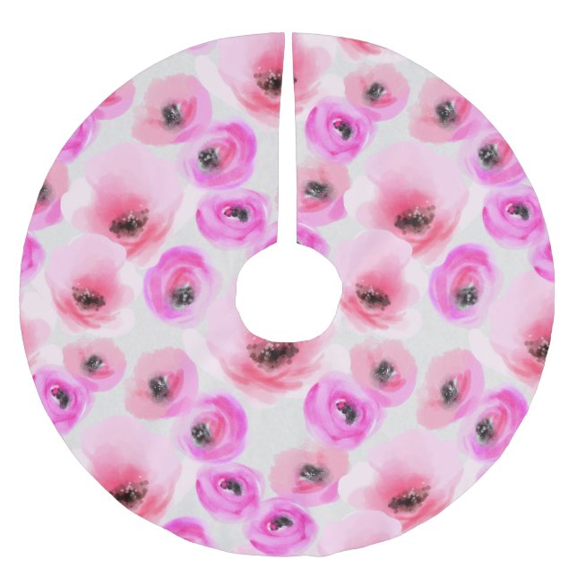 Pink Flowers Watercolor Digital Art Brushed Polyester Tree Skirt (Front)