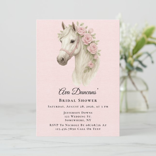 Pink Flowers Watercolor Horse Bridal Shower Invitation (Standing Front)