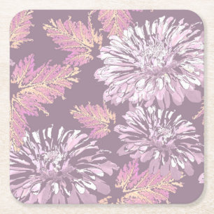 Pink flowers, watercolor, retro square paper coaster