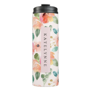 Pink Flowers Watercolor Travel Thermal Tumbler