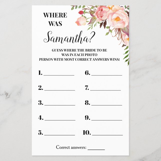 Pink Flowers Where was She Bridal Shower Game card (Front)