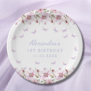 Pink Flowers Whimsical Butterfly 1st Birthday Paper Plate