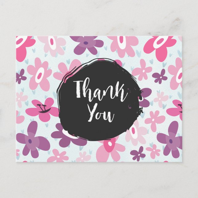Pink Flowers Whimsical Retro Pattern Thank You Postcard (Front)