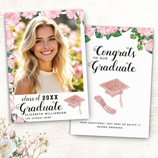 Pink Flowers White Class of 2025 Photo Graduation Announcement (Creator Uploaded)