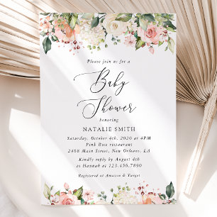 Pink Flowers, White Flowers, Boho, Baby Shower Invitation
