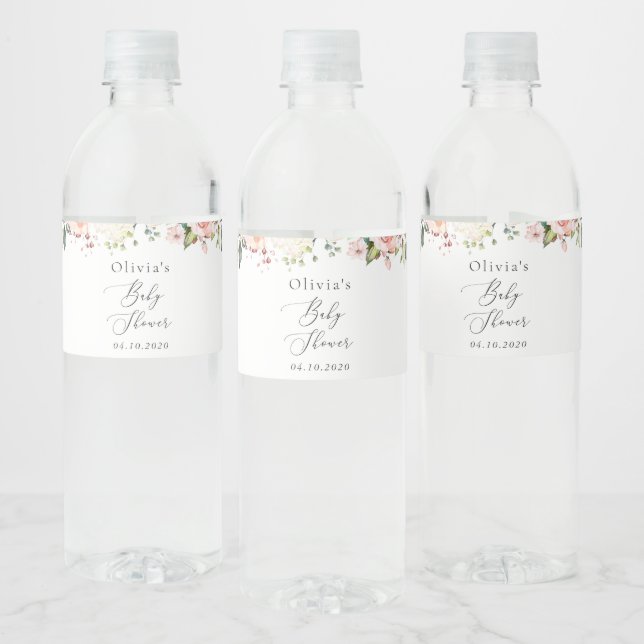 Pink Flowers, White Flowers, Boho, Baby Shower Water Bottle Label (Bottles)