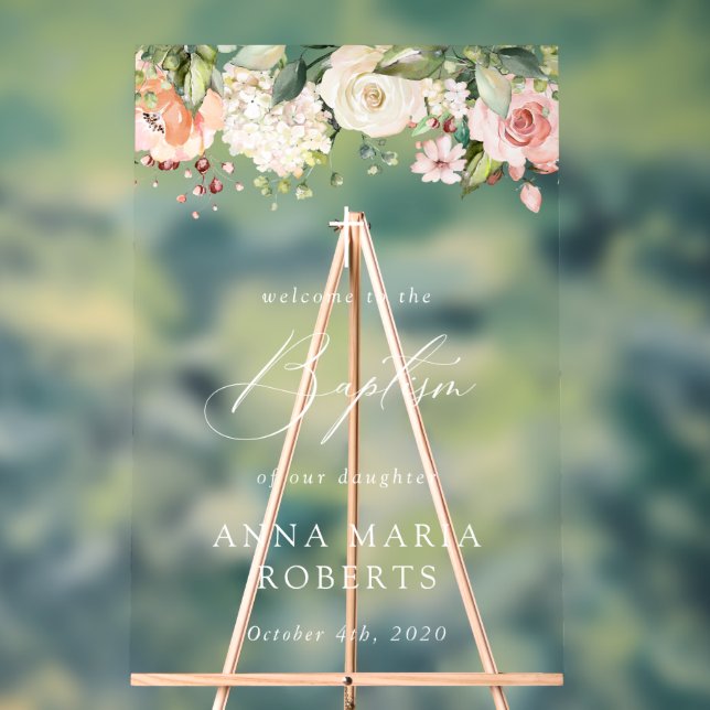 Pink Flowers, White Flowers, Boho, Baptism Welcome Acrylic Sign (Neutral)