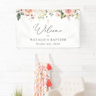 Pink Flowers, White Flowers, Boho, Baptism Welcome Banner