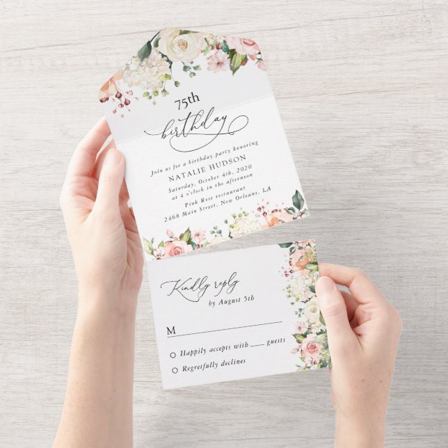 Pink Flowers, White Flowers, Boho, Birthday All In One Invitation (Tearaway)