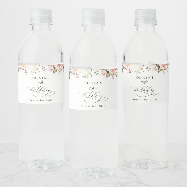 Pink Flowers, White Flowers, Boho, Birthday Water Bottle Label (Bottles)