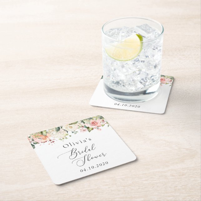 Pink Flowers, White Flowers, Boho, Bridal Shower  Square Paper Coaster (Insitu)