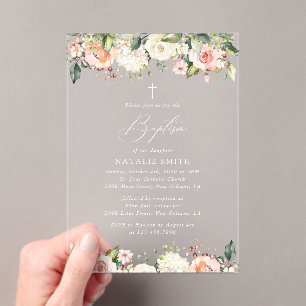Pink Flowers, White Flowers, Boho, Floral Baptism Acrylic Invitations