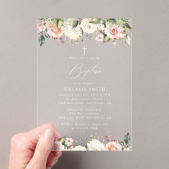 Pink Flowers, White Flowers, Boho, Floral Baptism Acrylic Invitations (Insitu (Handheld))