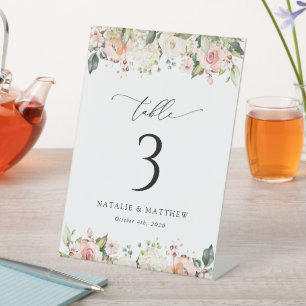 Pink Flowers, White Flowers, Boho, Table Numbers Pedestal Sign