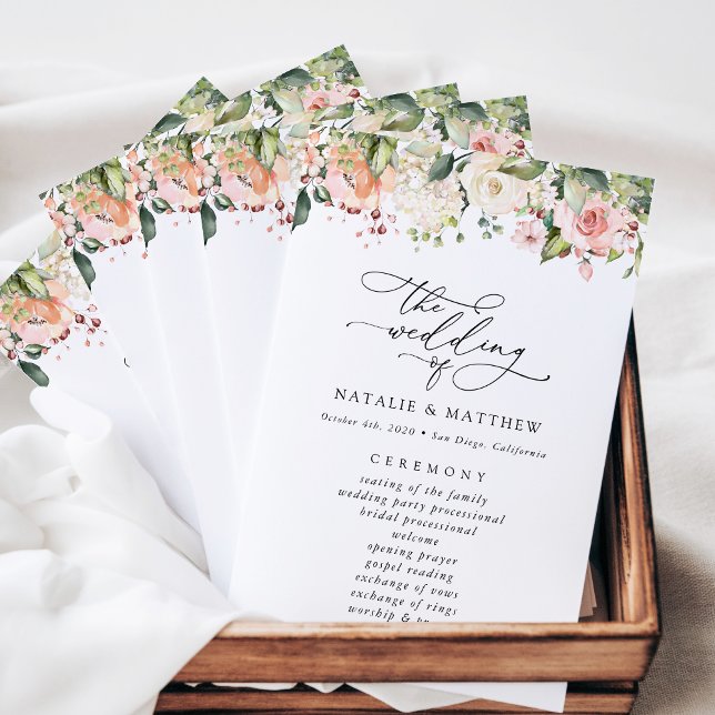 Pink Flowers, White Flowers, Boho, Wedding Program (Creator Uploaded)